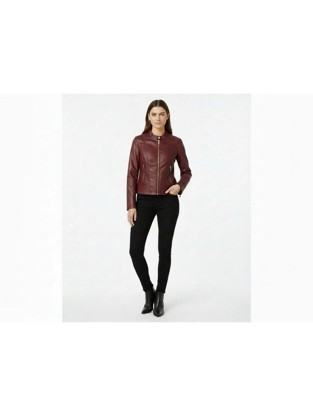 GUESS Los Angeles Burgundy Faux Leather Moto Jacket Gold Zippers Size M